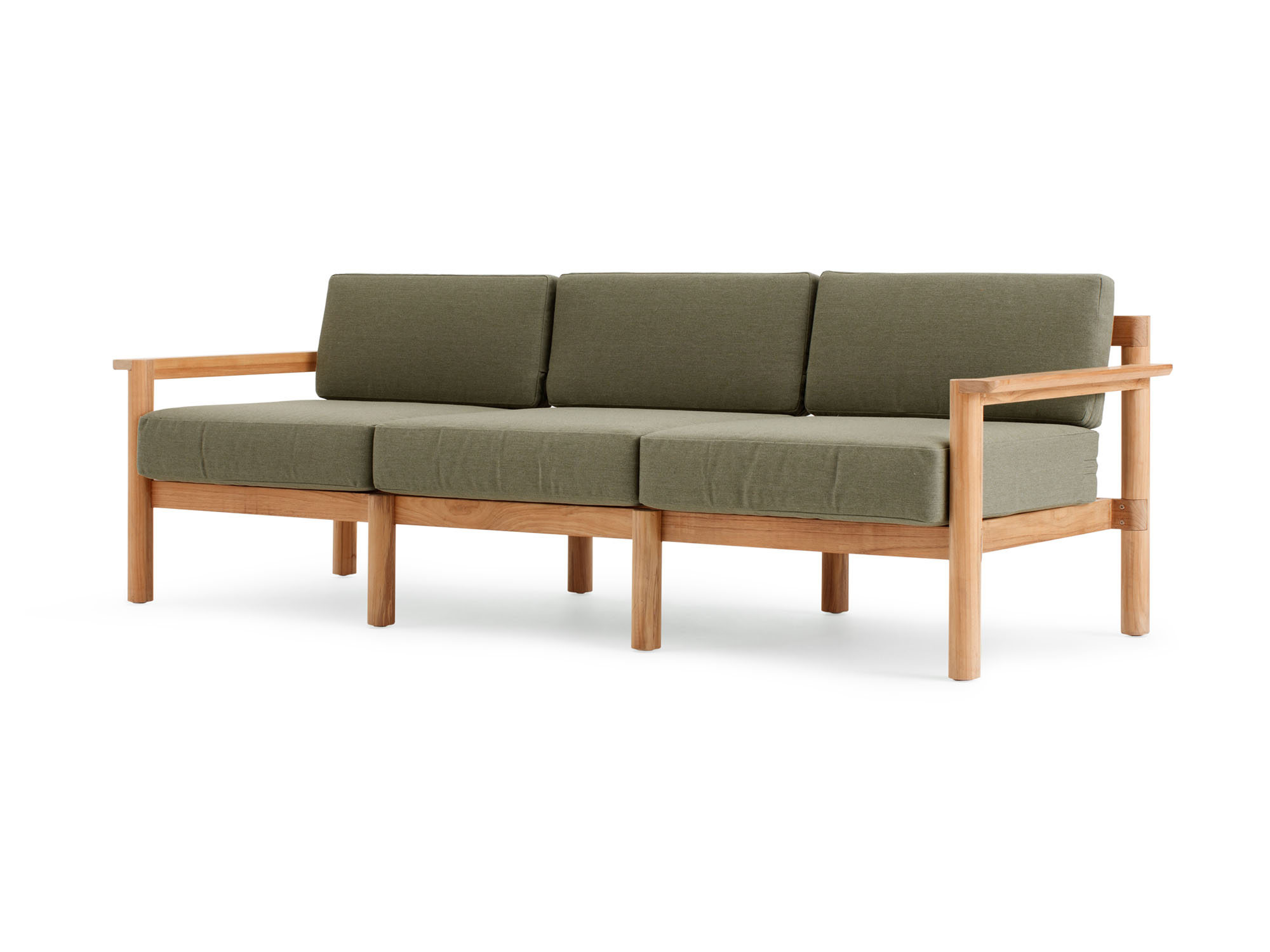 Front angle view of outdoor sofa with green cushions